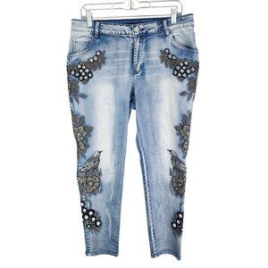 Womens Juliette Blue Denim Jeans Rhinestone Embellished Straight Ankle Size 12